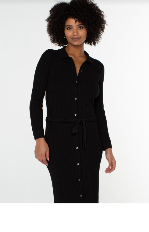 Button Front LS Knit Shirt Dress Black