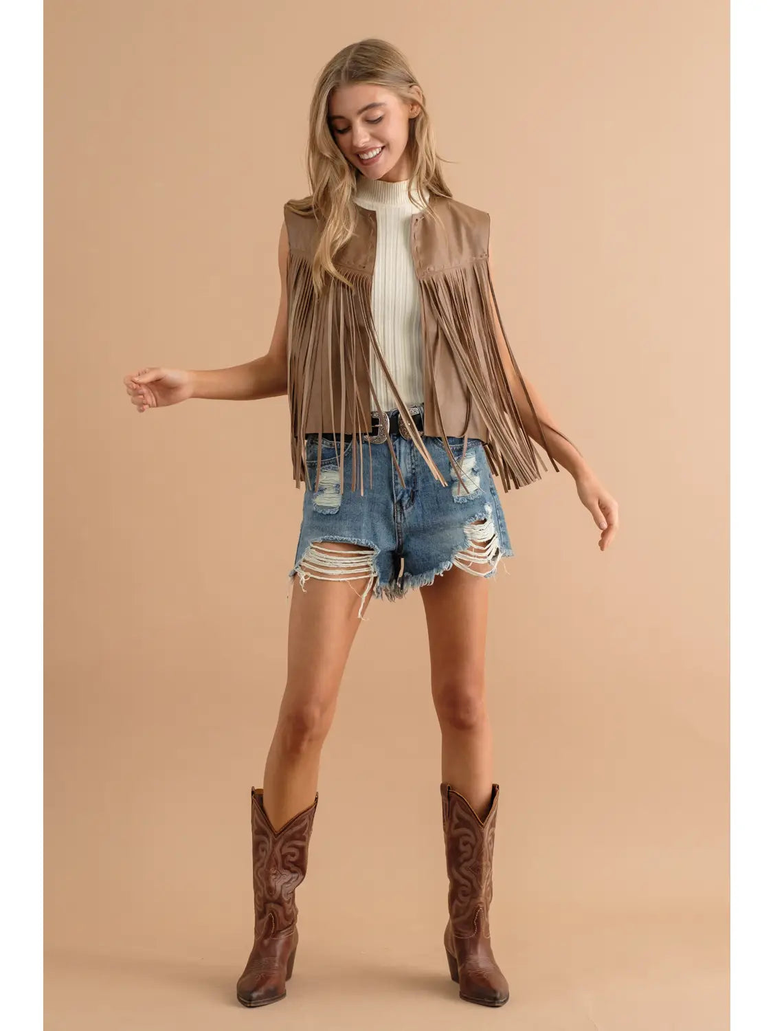 32460J Faux Leather Fringe Vest