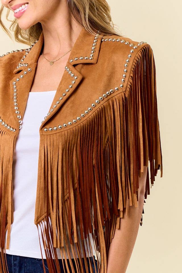 CAMEL STUDDED FRINGE SHRUG