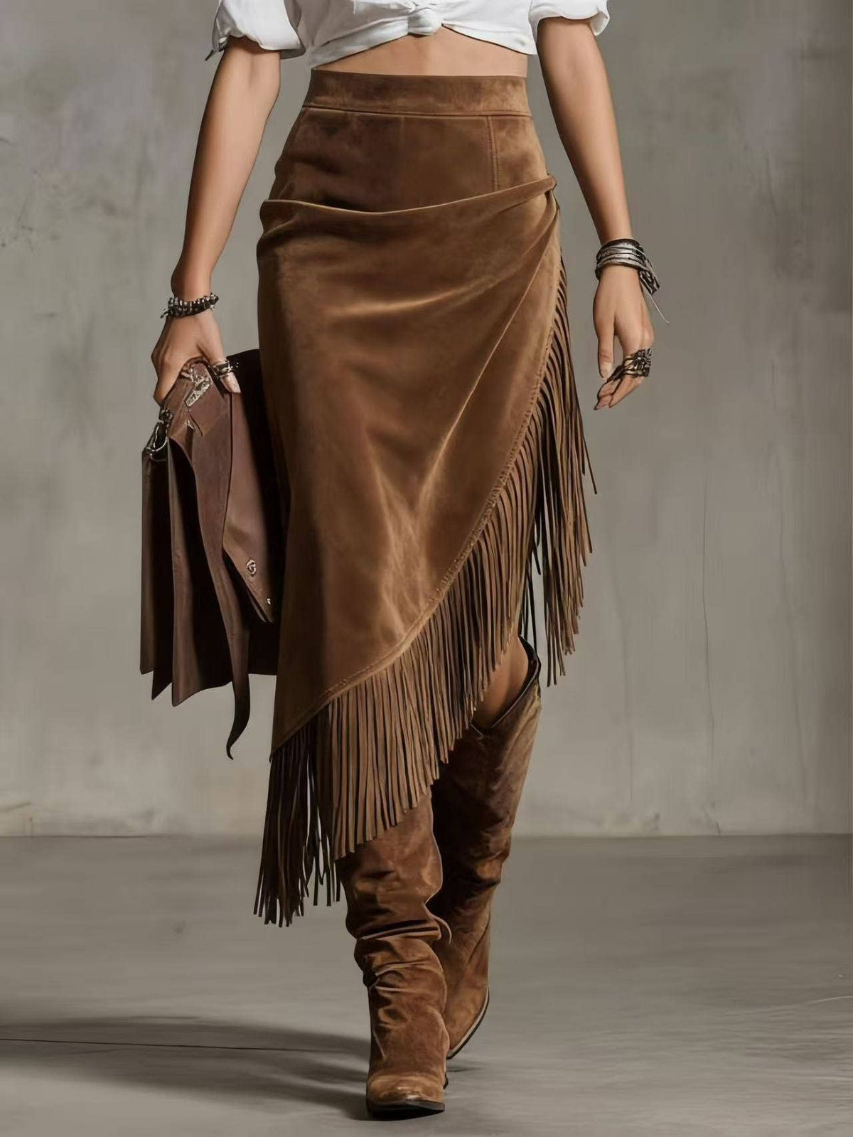 Miss Sparkling Suede Fringe Midi Skirt