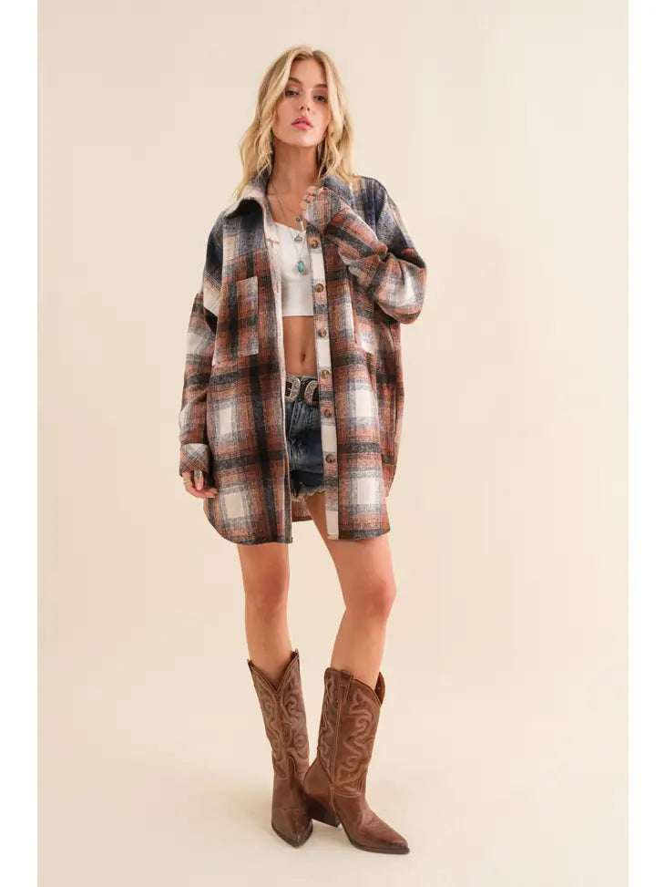 32725J Plaid Oversized Shirt Jacket Rust Grey