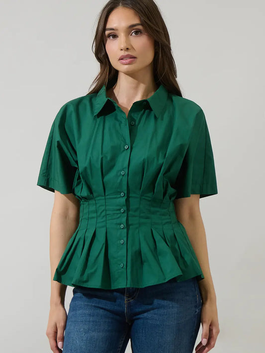 STT17868S Helga Pleated Collared Top Emerald