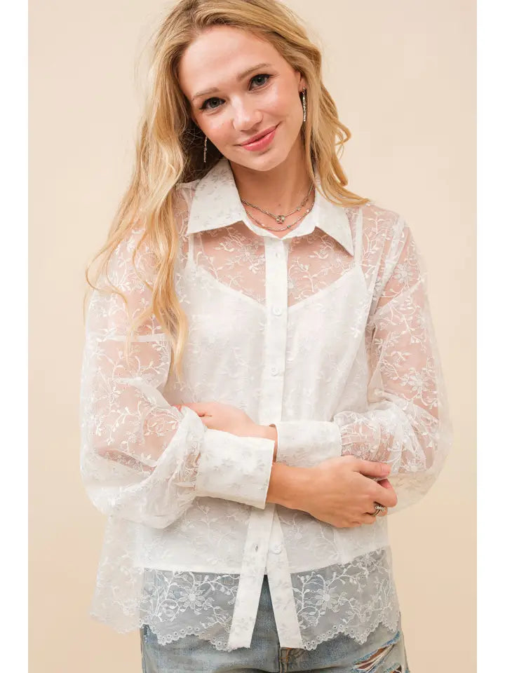 34903T Lace Sheer Metallic Blouse White