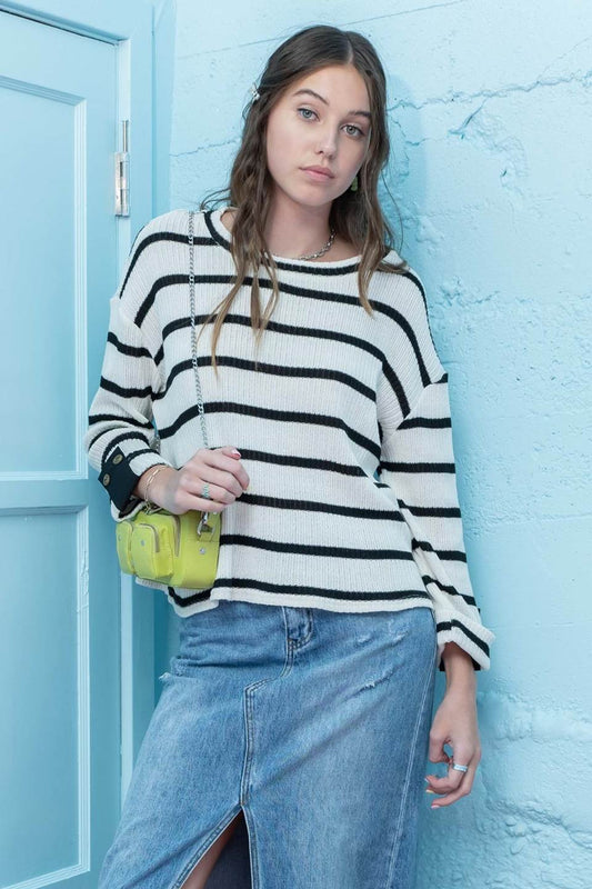 B4ST1030 Striped 3/4 Sleeve Knit Top Crm/Black