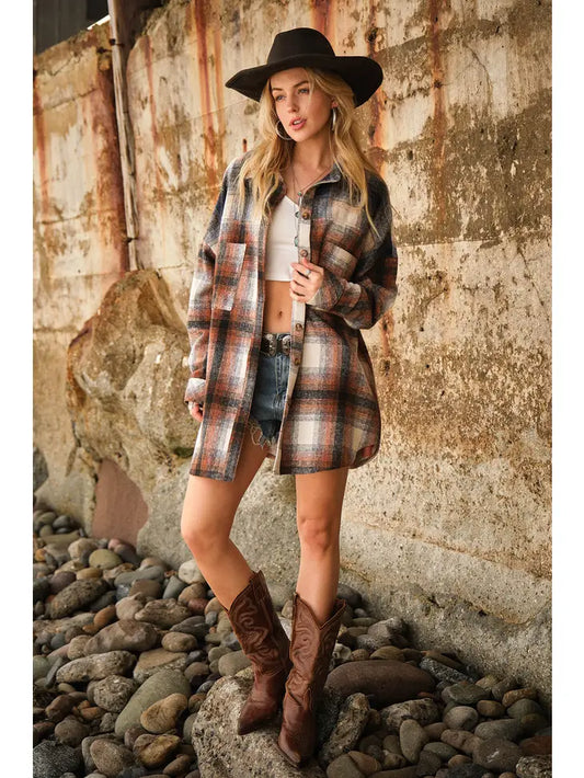 32725J Plaid Oversized Shirt Jacket Rust Grey