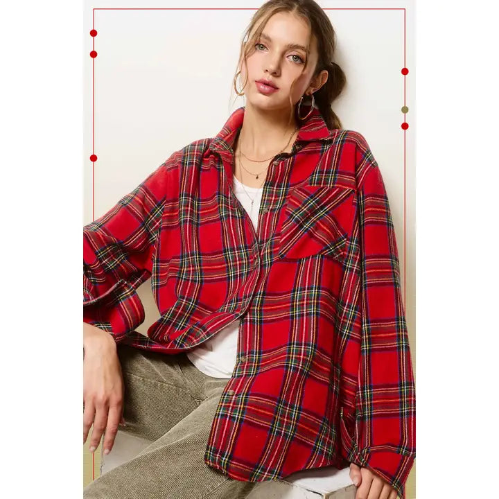 SRT7807 Button Down Plaid Shirt Red