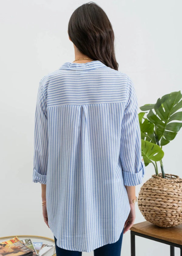 CR2084A Striped Woven Top Blue