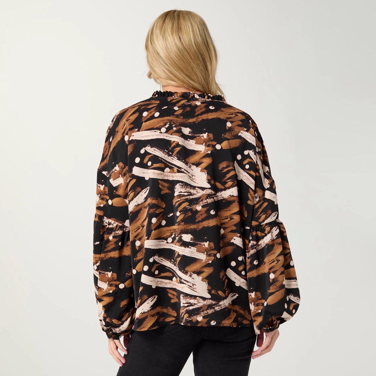 Sheridan Printed V-Neck Blouse - Camel/Black