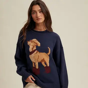 WL25-11547 Western Dog Pullover Sweater Navy