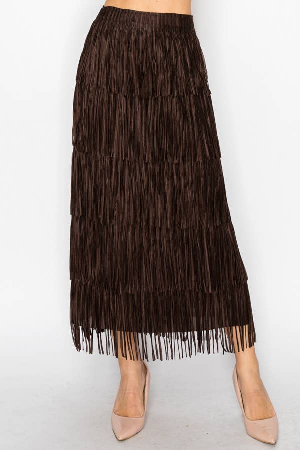 Layered Fringe Tiered Maxi Skirt - OLS-4794BROWN