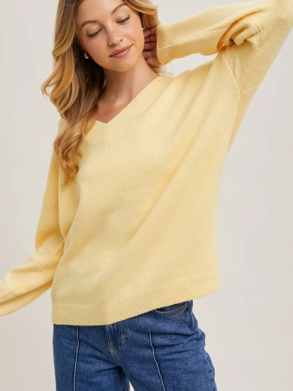 V-neck Soft Knit Sweater Pullover Lemonade