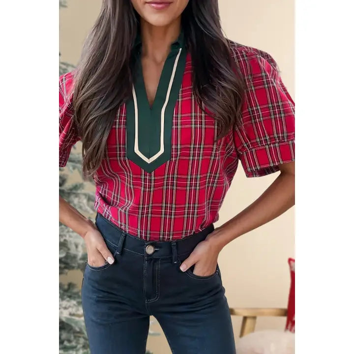 Plaid print v neck short sleeve