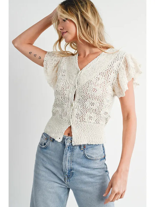 Crochet Button Ruffled Sleeve Top Natural