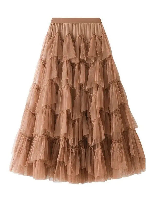 Tiered Chiffon Midi Skirt Lt Brown