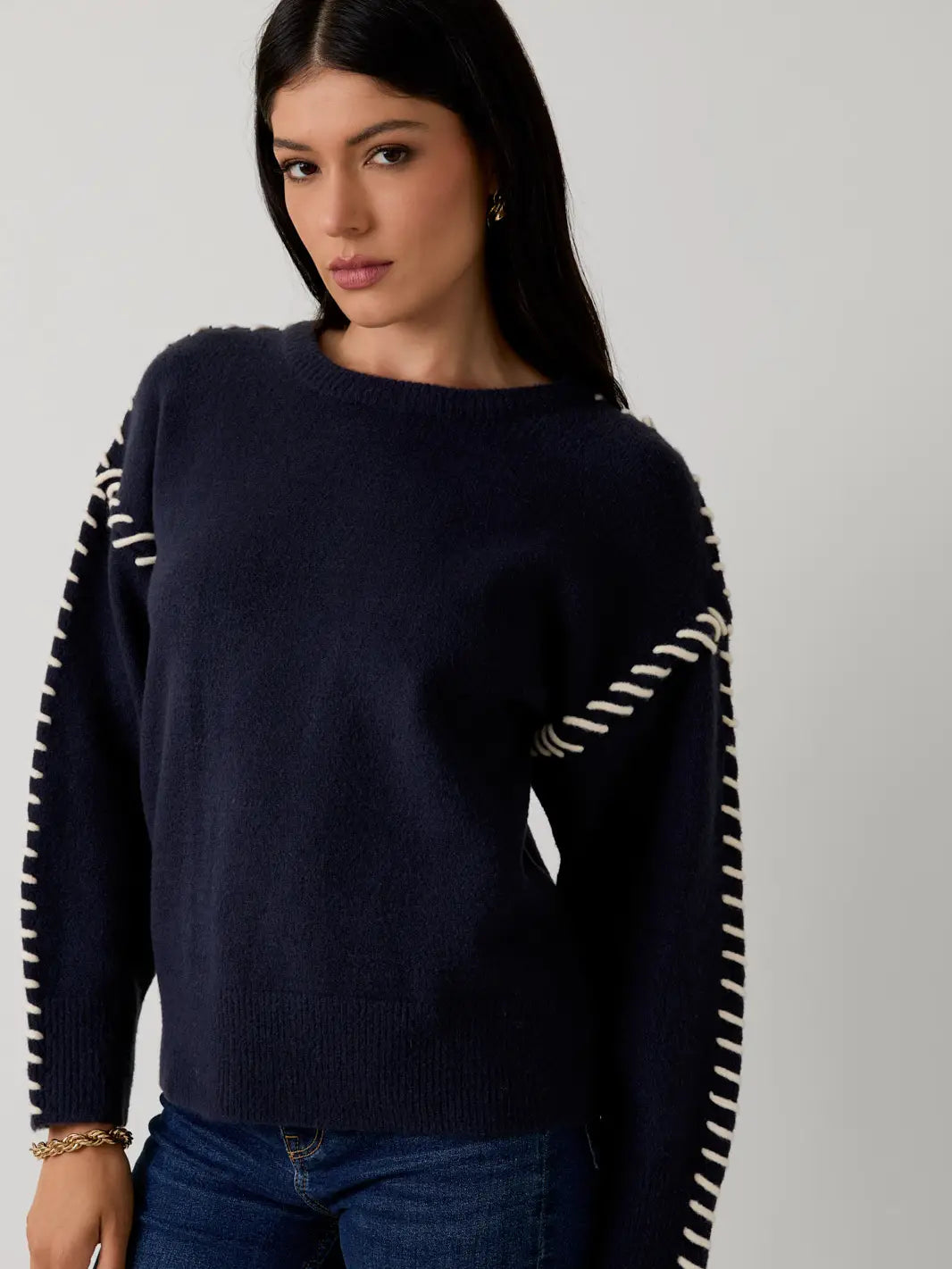 MWT20087 Crew Neck LS Stitch Detail Sweater Top Navy