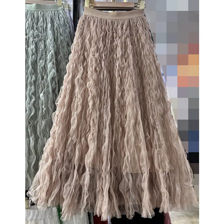 midi pleated mesh skirt tan