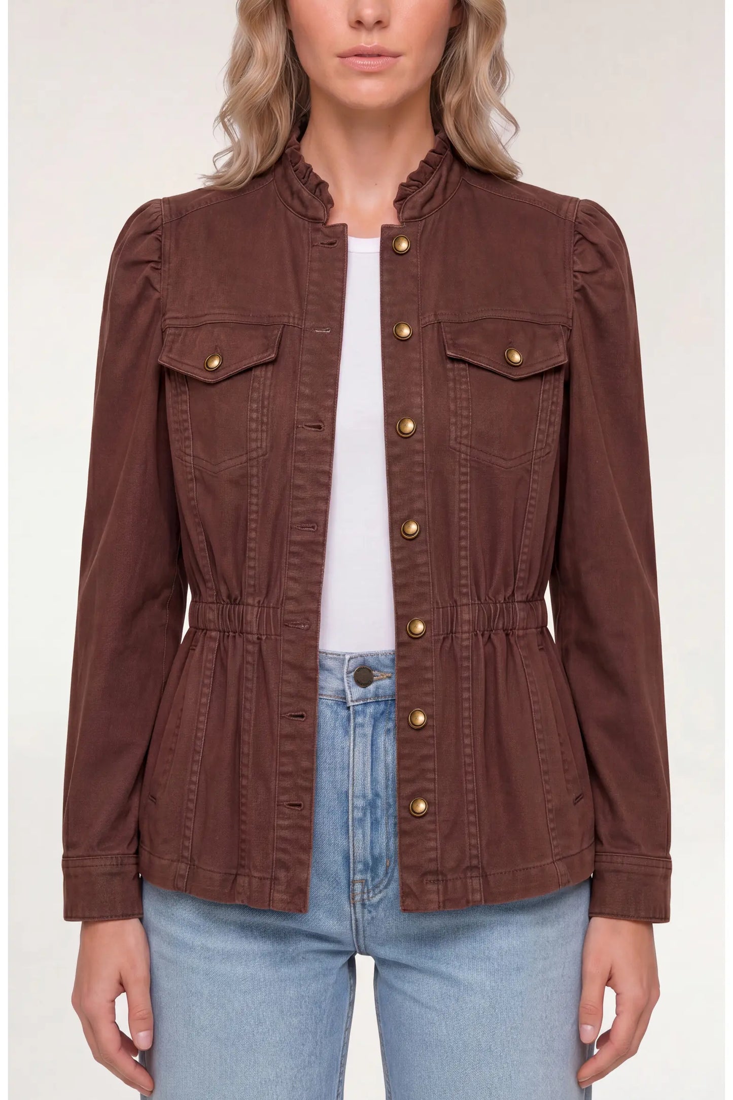 Puff Slv Trucker Jacket W Ruffle Collar