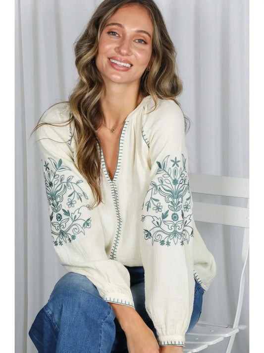 VT82859 Floral Embroidered Gauze Blouse