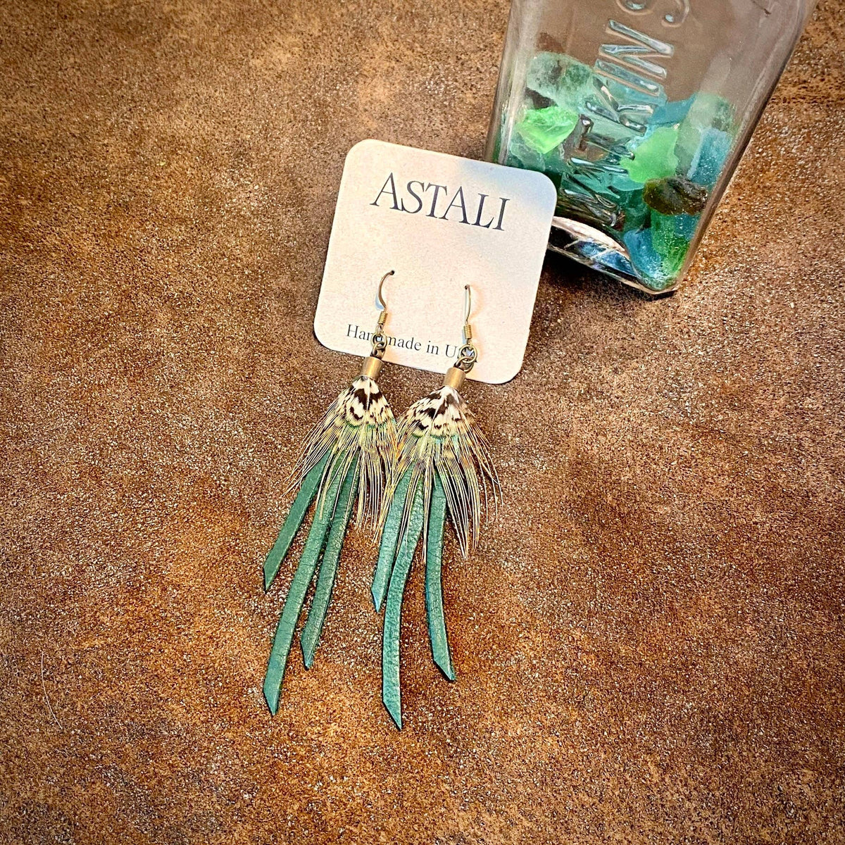 Feather Mini Earrings - Hunter Leather & Pheasant Feather