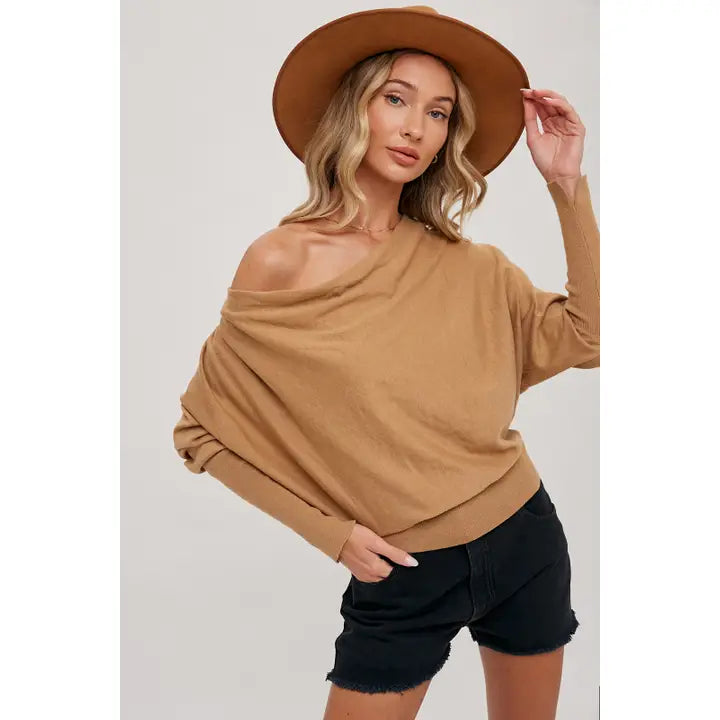 Cowlneck dolman knit pullover camel