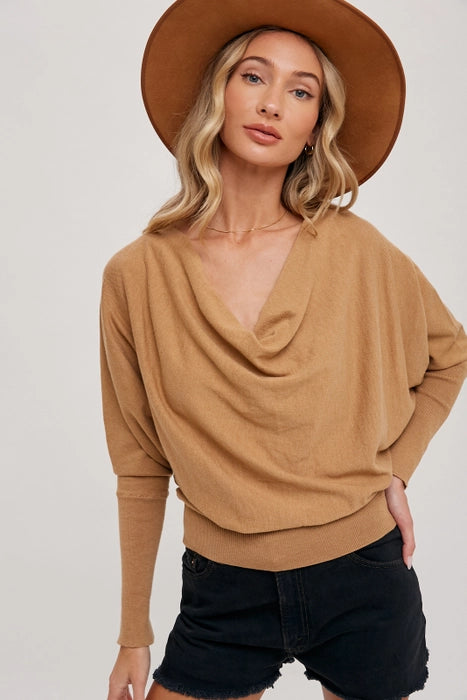 Cowlneck dolman knit pullover camel