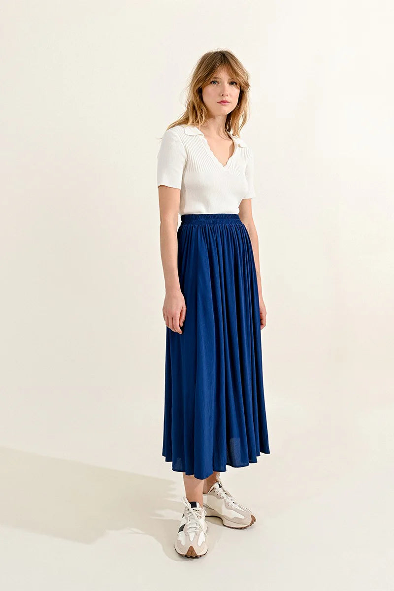 T1768ACP Crumpled Effect Midi Skirt Navy