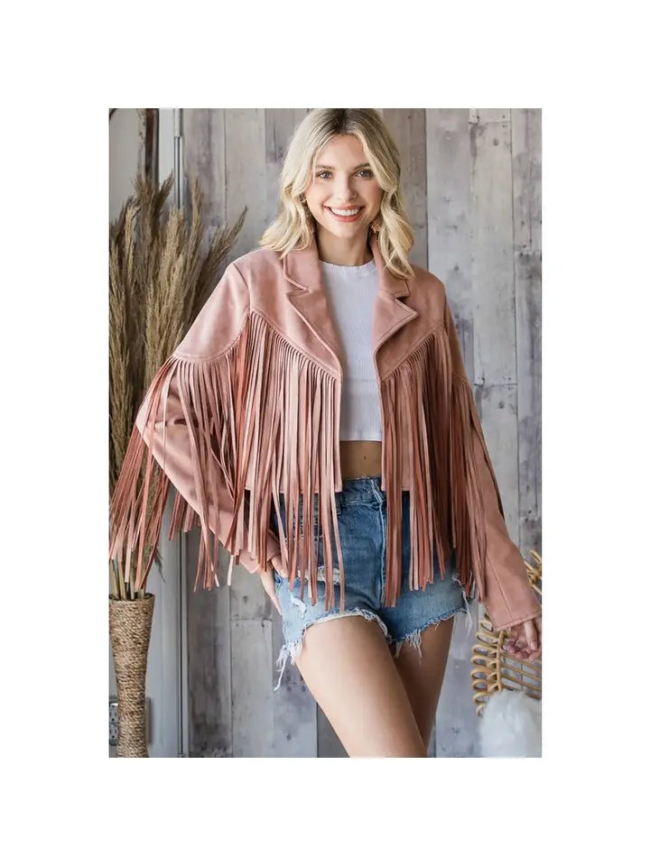 VJ70272-M1 Fringed Suede Moto Jacket Mauve