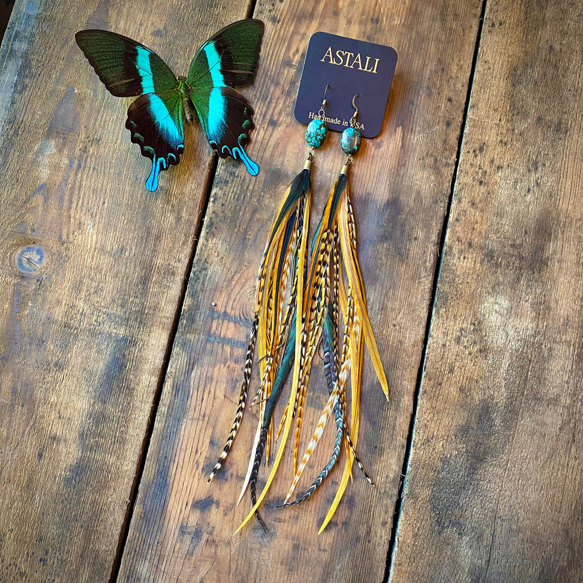 Turquoise & Long Feather Earrings - Cree Mix, Boho Western