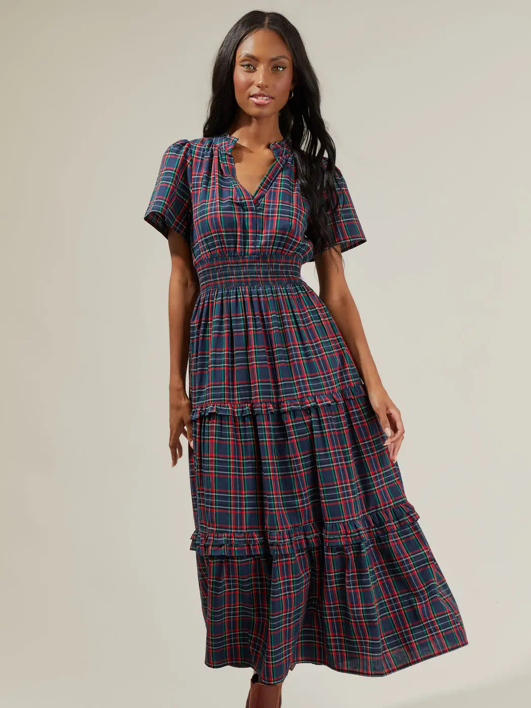 STB13555A Tiered Miley Plaid Poplin Maxi Dress