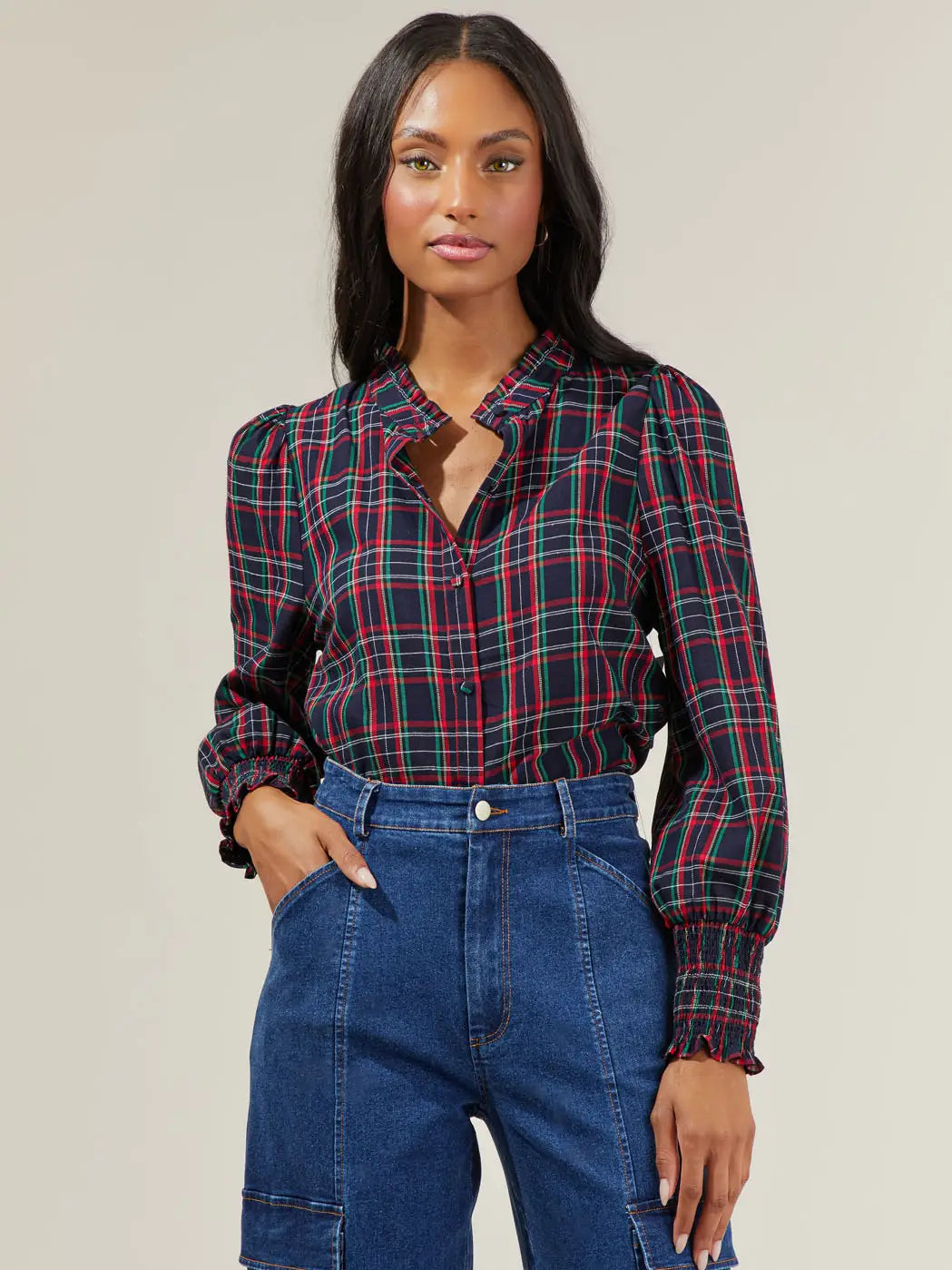 STT17113A Plaid Button Down Top Navy