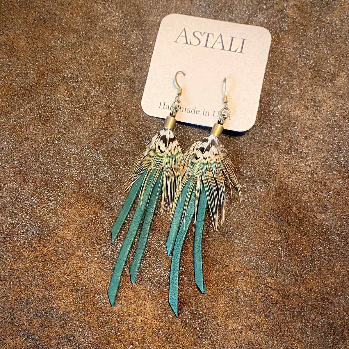 Feather Mini Earrings - Hunter Leather & Pheasant Feather