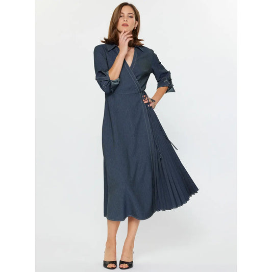Denim wrap dress w/pleats