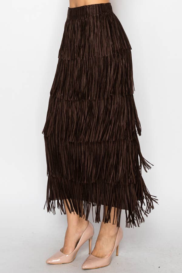 Layered Fringe Tiered Maxi Skirt - OLS-4794BROWN