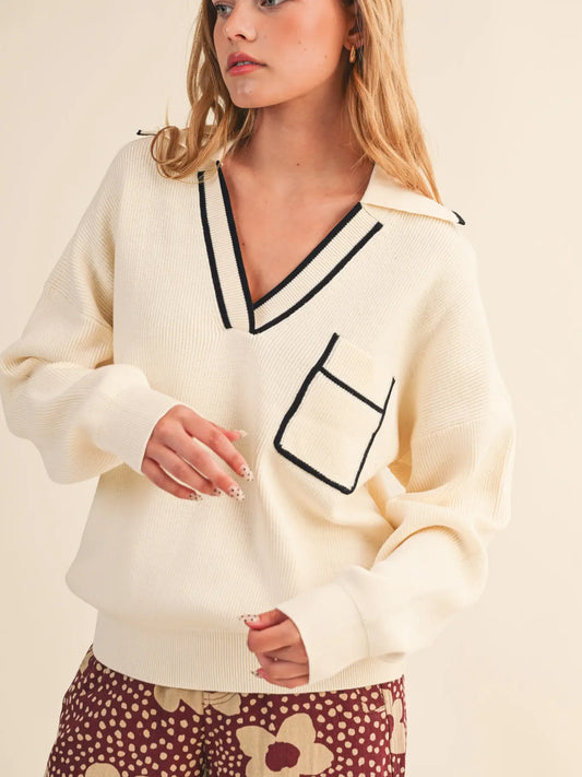 MSW10907 Ribbed Collared Pullover Sweater Ivory