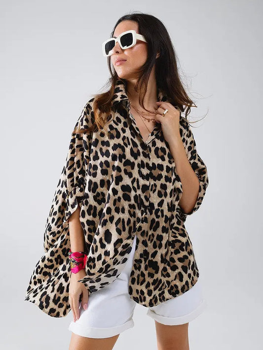 Leopard Print Oversize Shirt 3/4 Slv