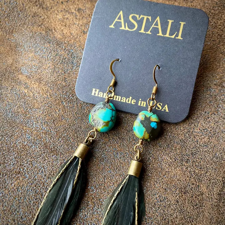E1163B Freebirds Turquoise & Feather Earrings Black