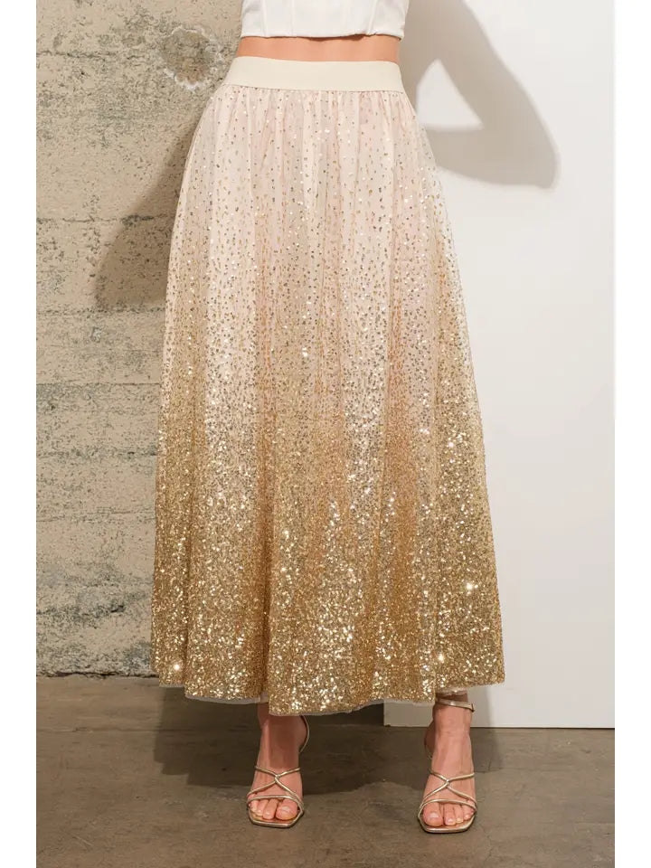 34577S Gradient Sequin Tulle Skirt Gold