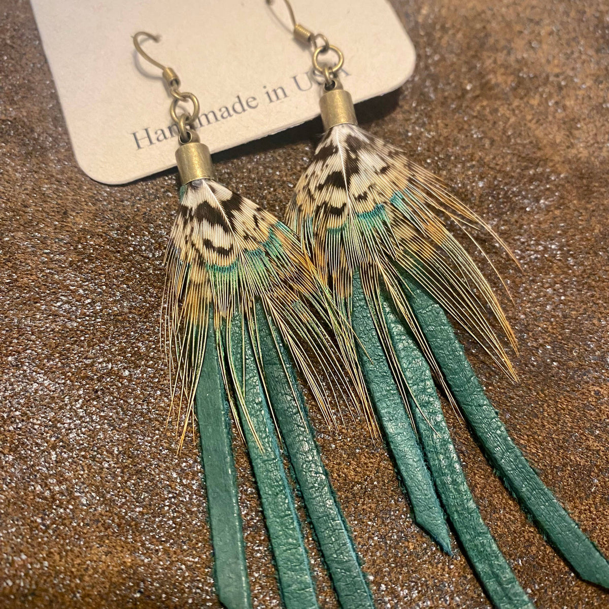 Feather Mini Earrings - Hunter Leather & Pheasant Feather