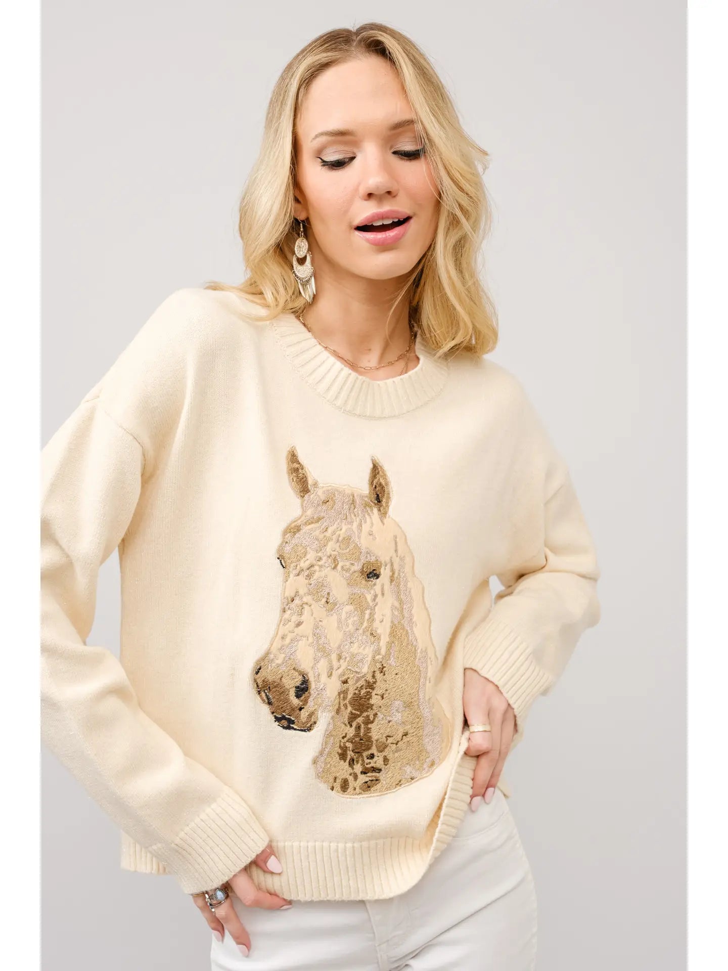 Embroidered Horse Crew Neck Sweater