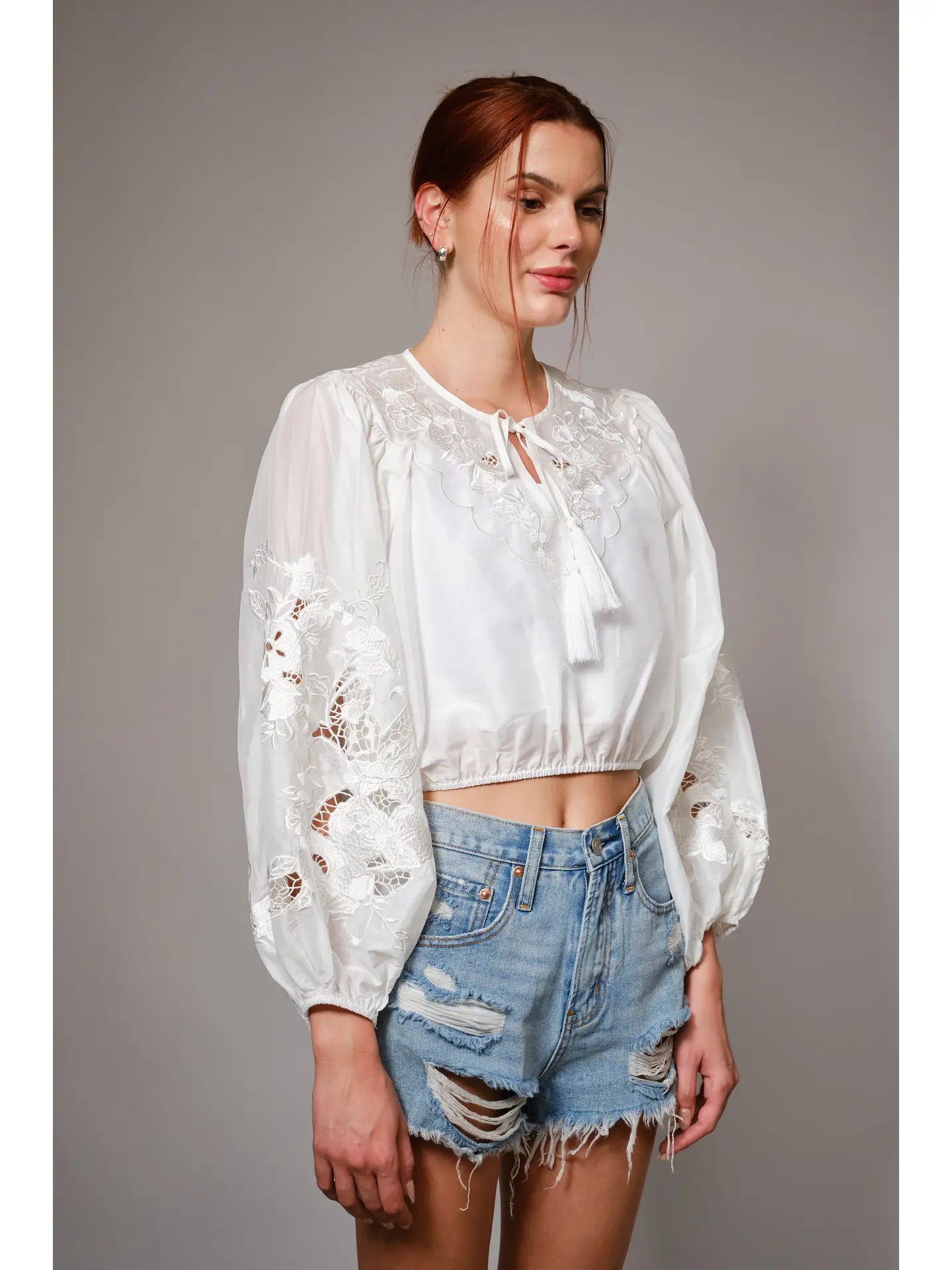 99469T LS Embroidered Cropped Blouse