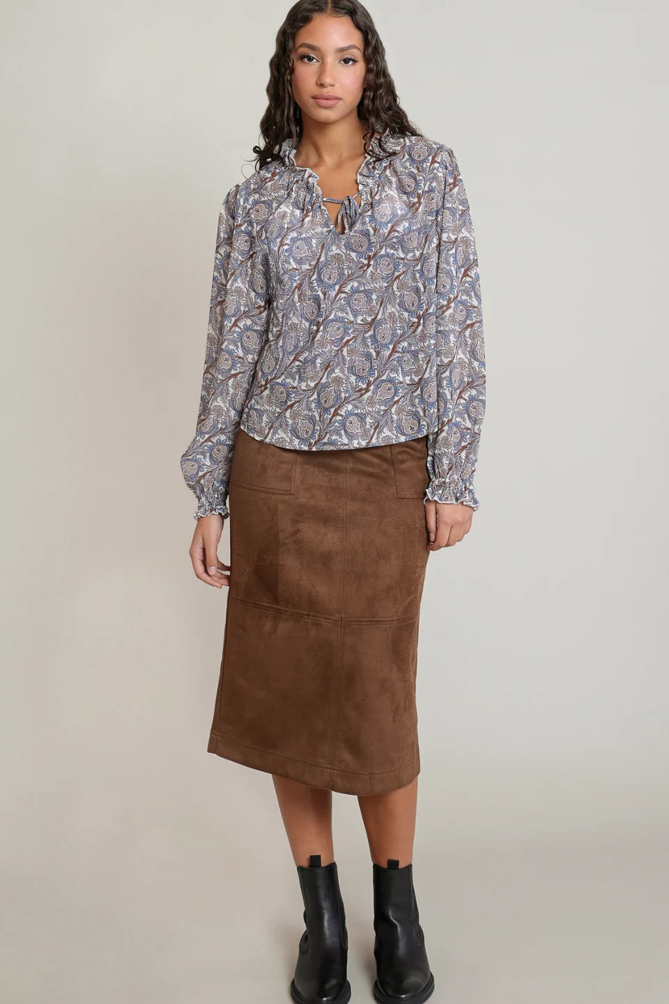 Balloon Sleeved Blouse - Blue/Brown Paisley