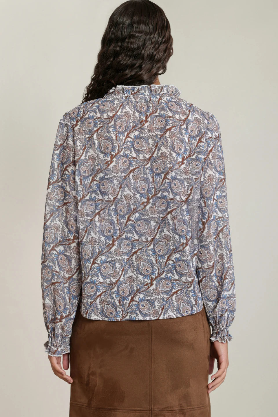 Balloon Sleeved Blouse - Blue/Brown Paisley