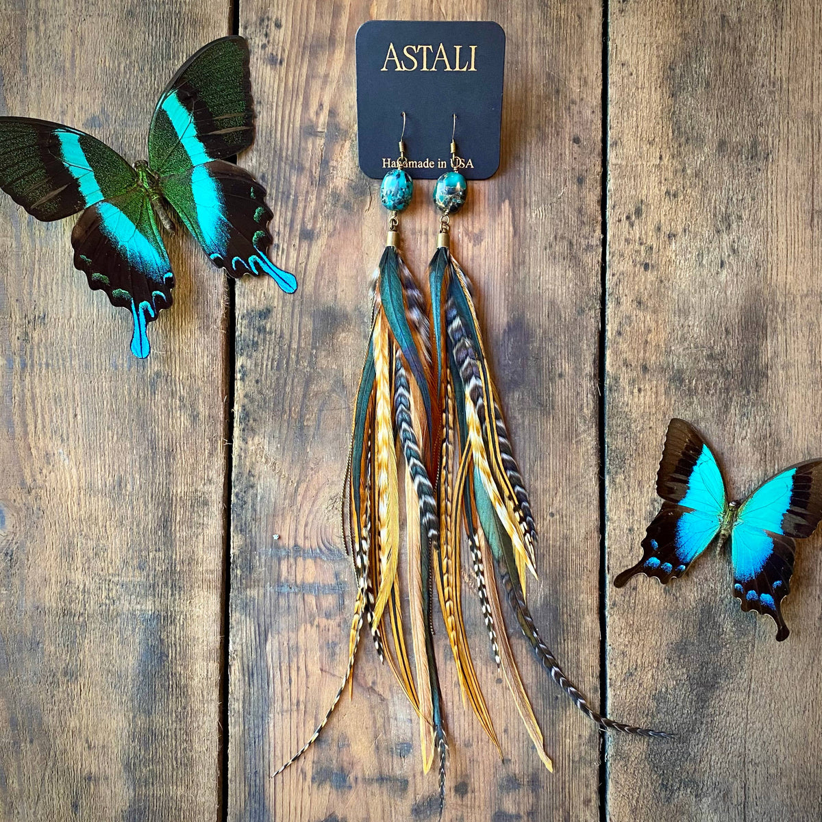 Turquoise & Long Feather Earrings - Cree Mix, Boho Western