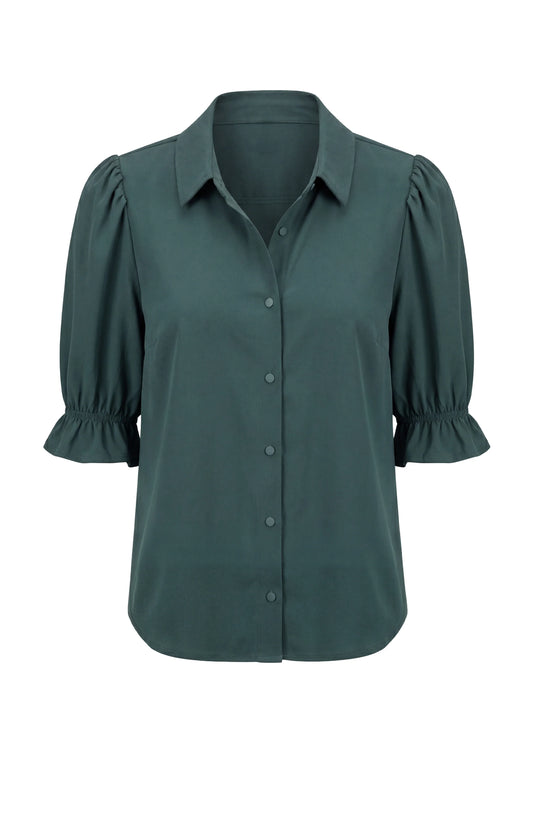 Elbow Puff Sleeve Snap Front Knit Shirt