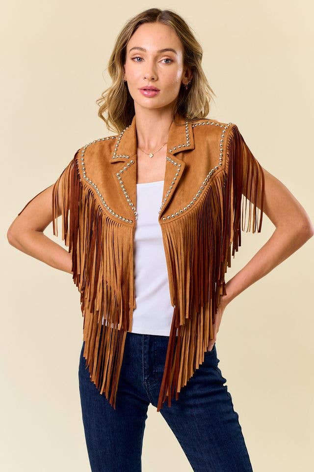 CAMEL STUDDED FRINGE SHRUG