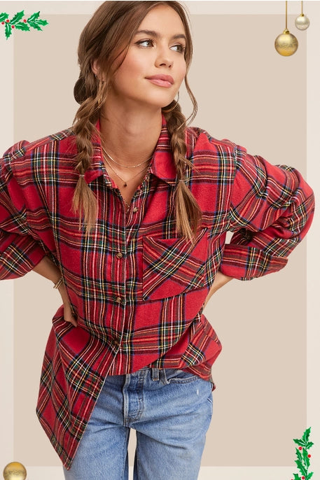 SRT7807 Button Down Plaid Shirt Red