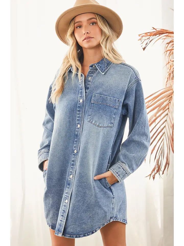 D02546 Denim Button Down Shirt Dress LtWsh