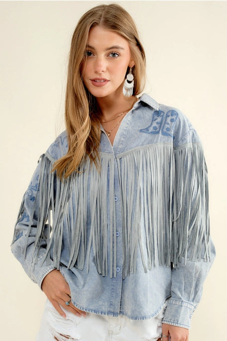 22625 Embroidered Fringe Button Up Blue