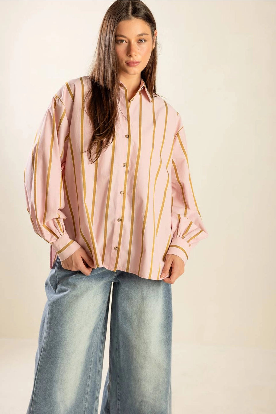 Striped Oversize Woven Top Pink
