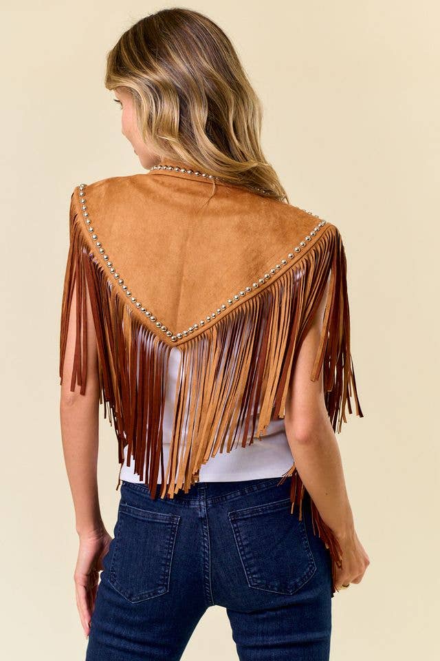 CAMEL STUDDED FRINGE SHRUG